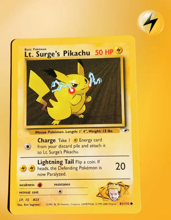 1st Edition 84 Pokemon TCG Lt. Surge's Pikachu #81/132, Gym Heroes Set, Common Card Pikachu 81 1st Edition 84 Pokemon TCG Lt. Surge's Pikachu #81/132, Gym Heroes Set, Common Card Pikachu 81