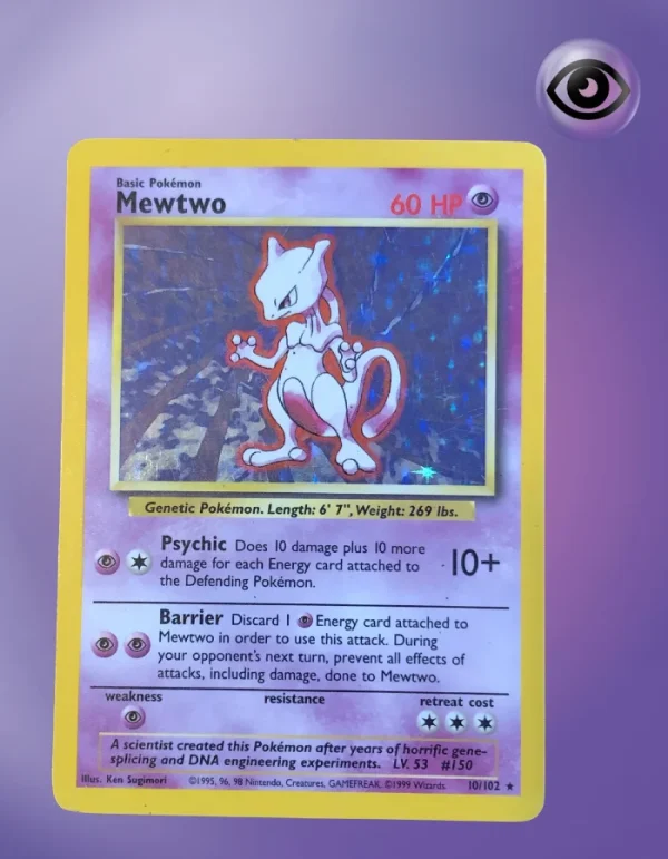 mewtwo pokemon card 10/102 Base Set Unlimited Holo CGC 8 Celebrate the incredible history of the TCG hobby by adding this Mewtwo 1999 Pokemon Base Set Holo Rare #10 PSA Authenticated 7 Card to your vault vintage* Mewtwo (Base Set) 10/102